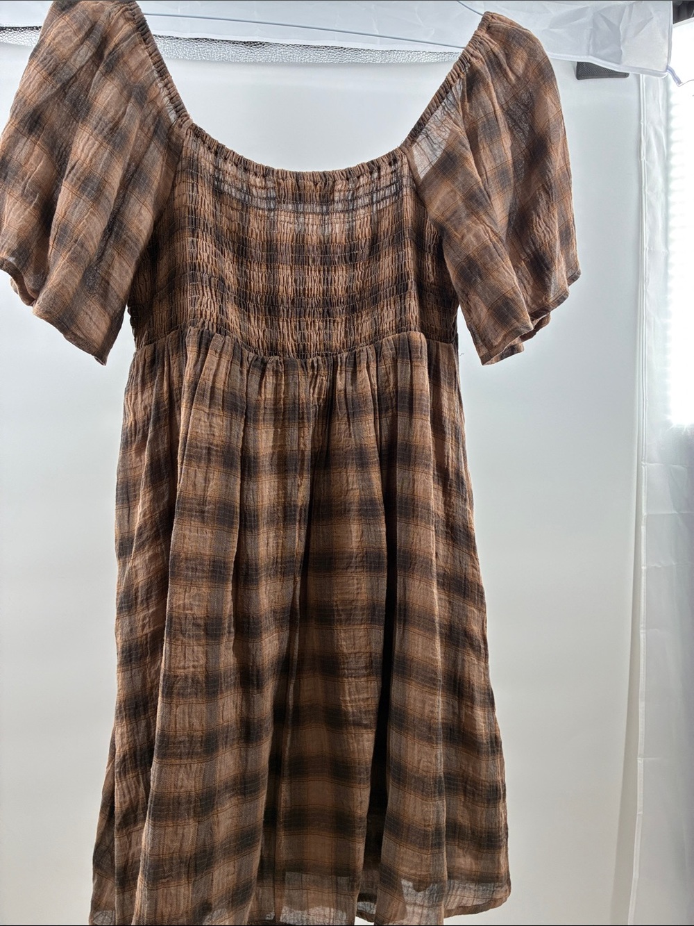 Rust-Brown Plaid Off-Shoulder Women’s Dress - Picture 3 of 6